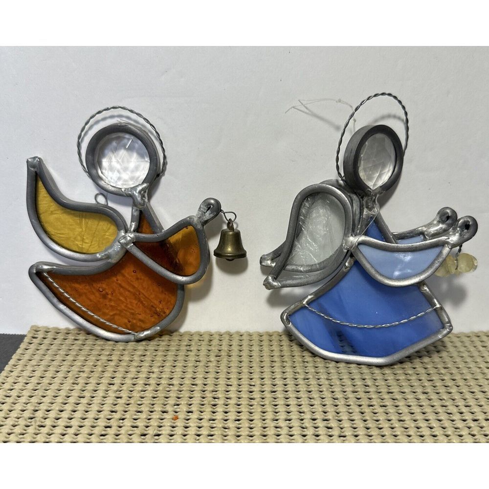 2 Vintage Stained Glass Angels Suncatcher‎ Christmas Ornaments